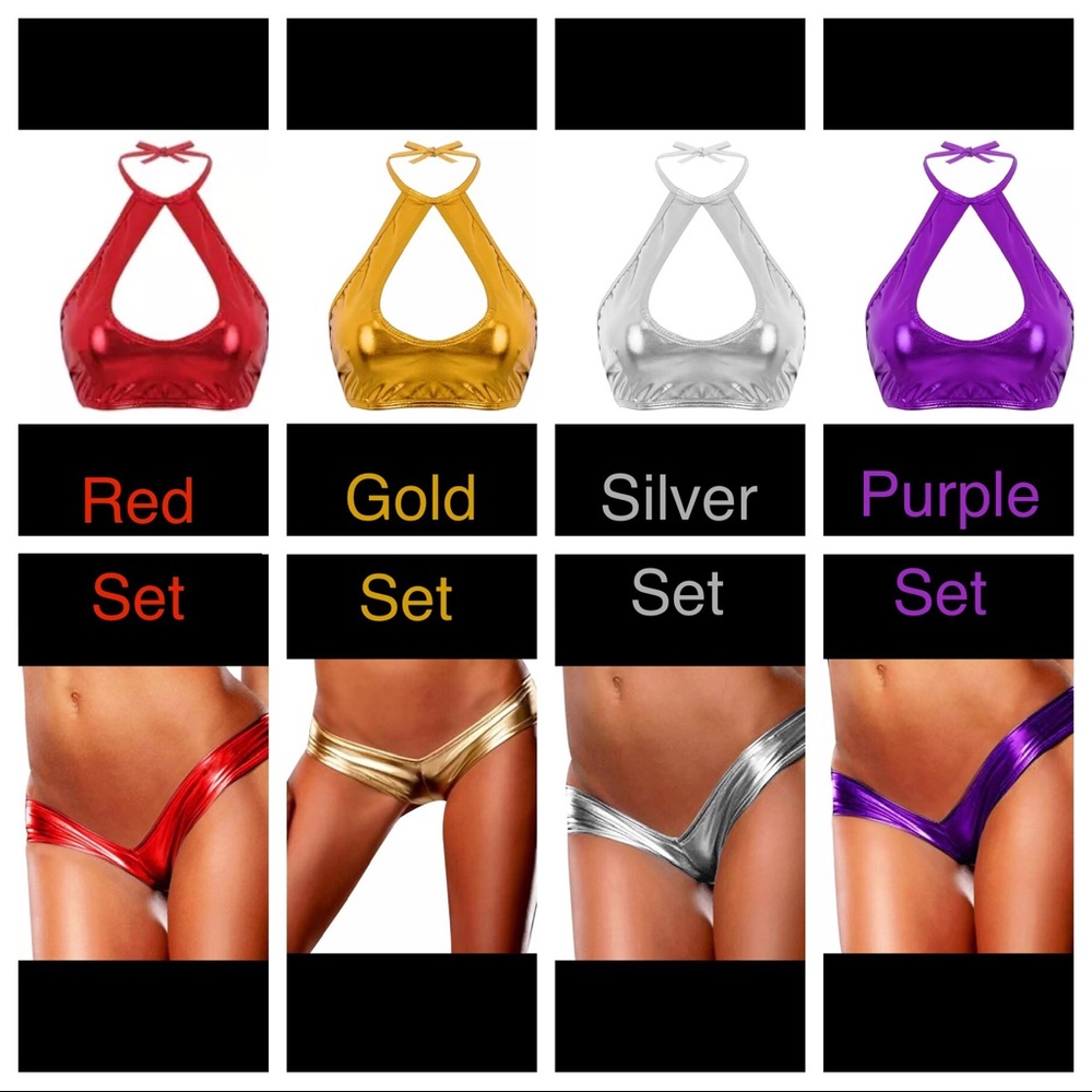 XS Set Black Metallic Dance Lingerie Liquid Metal Latex